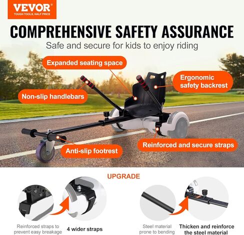 VEVOR Hoverboard Seat Attachment, Grips Control, Accessory for 6.5" 8" 8.5" 10" Hoverboards, Adjustable Frame Length and 220 LBS Load Capacity, Hover Board Go Karts Accessory, for Children Adults in Saudi Arabia