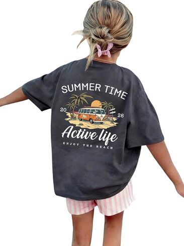 Girl's Cartoon Bows Graphic Tees Short Sleeve Crewneck Oversized Preppy T Shirt Cute Summer Tops in Saudi Arabia
