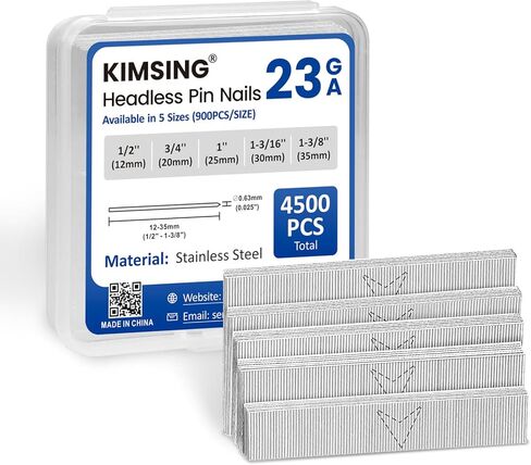 KIMSING 23 مقياس 5 أحجام متنوعة من المسامير المصنوعة من الفولاذ المقاوم للصدأ بدون رأس (1/2 بوصة، 3/4 بوصة، 1 بوصة، 1-3/16 بوصة، 1-3/8 بوصة)، دبابيس متعددة العبوات لمسدس تثبيت المسامير، 4500 قطعة in Kuwait
