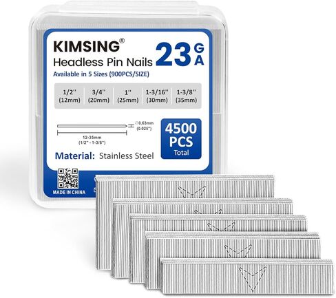 KIMSING 23 مقياس 5 أحجام متنوعة من المسامير المصنوعة من الفولاذ المقاوم للصدأ بدون رأس (1/2 بوصة، 3/4 بوصة، 1 بوصة، 1-3/16 بوصة، 1-3/8 بوصة)، دبابيس متعددة العبوات لمسدس تثبيت المسامير، 4500 قطعة in Kuwait