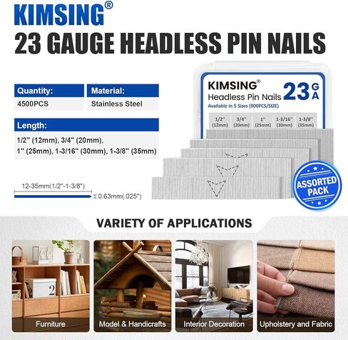 KIMSING 23 مقياس 5 أحجام متنوعة من المسامير المصنوعة من الفولاذ المقاوم للصدأ بدون رأس (1/2 بوصة، 3/4 بوصة، 1 بوصة، 1-3/16 بوصة، 1-3/8 بوصة)، دبابيس متعددة العبوات لمسدس تثبيت المسامير، 4500 قطعة in Kuwait