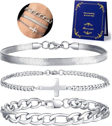 QINJIEJIE Mens Cross Bracelet Stainless Steel Bracelets for Men Cross Chain Cuban Link Bracelet Set Crosses jewelry Religious Christian Gifts for Men Dad Valentine's Day Gifts for Boyfriend in Saudi Arabia