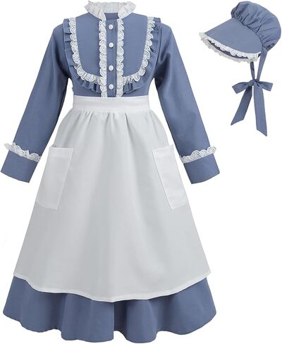 CR ROLECOS Colonial Costume for Girls Long Sleeve Prairie Pioneer Dress Kids Victorian Dress with Apron Blue in Saudi Arabia