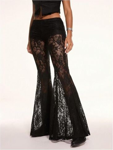 Women's Lace Mesh See Through Flared Leggings Low Rise Pants Y2K Bootcut Bell Bottoms in Kuwait