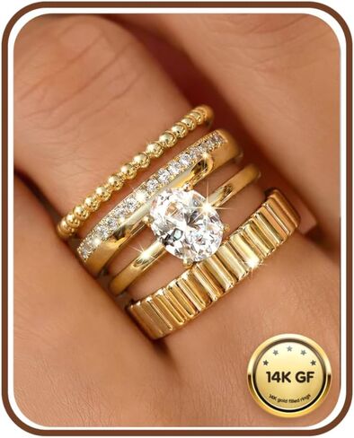 FUNRUN JEWELRY خواتم ذهبية قابلة للتكديس للنساء غير مشوهة - 14 قيراط مطلية بالذهب مكعب زركونيا خاتم الزفاف مجموعة أنيقة التراص بيان الخطوبة وعد خواتم للنساء العصرية الإبهام حجم 5-10 in Kuwait
