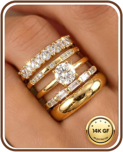 FUNRUN JEWELRY خواتم ذهبية قابلة للتكديس للنساء غير مشوهة - 14 قيراط مطلية بالذهب مكعب زركونيا خاتم الزفاف مجموعة أنيقة التراص بيان الخطوبة وعد خواتم للنساء العصرية الإبهام حجم 5-10 in Kuwait