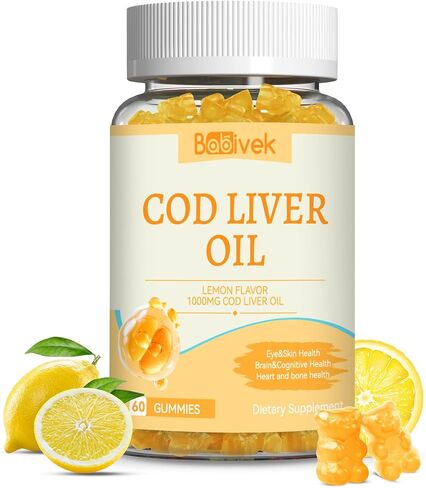 Cod Liver Oil Gummies 1000mg, for Adults & Kids with Omega-3 Vitamin A & D3, Fish Oil Supplement, Supports Eye Health, Brain Function & Bone Health, Sugar-Free, Non-GMO, Gluten-Free 60 Count in Kuwait