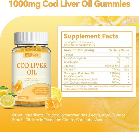 Cod Liver Oil Gummies 1000mg, for Adults & Kids with Omega-3 Vitamin A & D3, Fish Oil Supplement, Supports Eye Health, Brain Function & Bone Health, Sugar-Free, Non-GMO, Gluten-Free 60 Count in Kuwait
