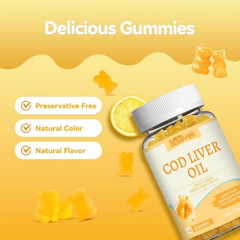 Cod Liver Oil Gummies 1000mg, for Adults & Kids with Omega-3 Vitamin A & D3, Fish Oil Supplement, Supports Eye Health, Brain Function & Bone Health, Sugar-Free, Non-GMO, Gluten-Free 60 Count in Kuwait