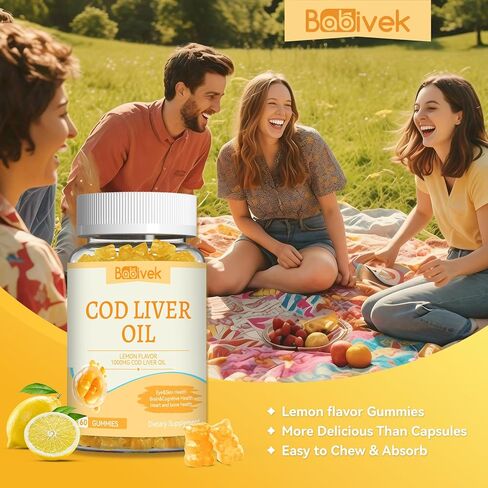 Cod Liver Oil Gummies 1000mg, for Adults & Kids with Omega-3 Vitamin A & D3, Fish Oil Supplement, Supports Eye Health, Brain Function & Bone Health, Sugar-Free, Non-GMO, Gluten-Free 60 Count in Kuwait