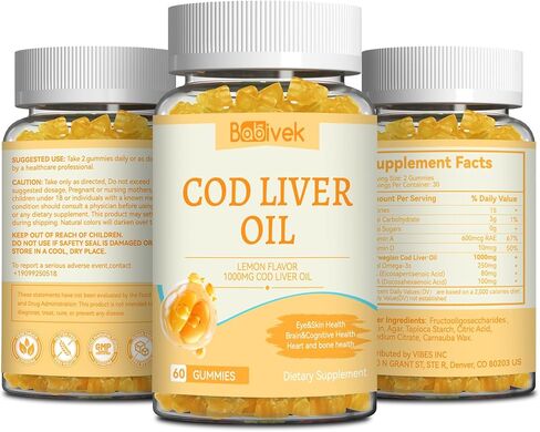 Cod Liver Oil Gummies 1000mg, for Adults & Kids with Omega-3 Vitamin A & D3, Fish Oil Supplement, Supports Eye Health, Brain Function & Bone Health, Sugar-Free, Non-GMO, Gluten-Free 60 Count in Kuwait