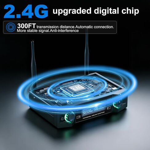 Wireless Microphone System, Upgraded 2.4GHz Rechargeable Professional AI Automatic Channel Connection Wireless Microphones Set with 300ft Receiving Distance for Singing Karaoke DJ Church in Saudi Arabia