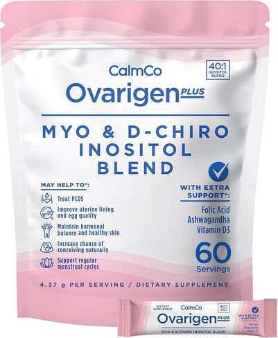 مكمل CalmCo Ovarigen Plus Myo-Inositol & D-Chiro Inositol للنساء - مسحوق 40:1 مع حمض الفوليك والأشواغاندا وفيتامين D3، ومكملات الخصوبة لمتلازمة تكيس المبايض، ودعم المبيض (30 كيسًا) in Kuwait