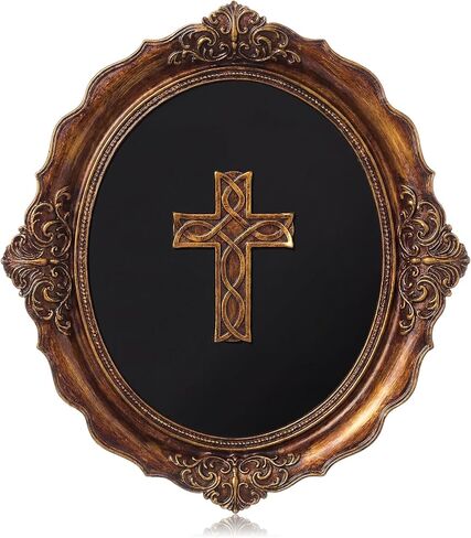 Thyle Vintage Cross Wall Decor Catholic Sculpture Antique Pediment Hallway Wall Art Hand Painted Rustic Cross Decoration Oval Aesthetic Room Decor Easter Gift for Church Home Farmhouse Bedroom in Saudi Arabia