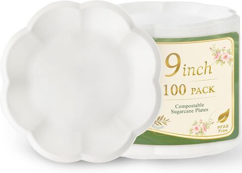 WELLIFE Dessert Plates 7 inch Paper Plates Disposable 100 Pack Scalloped Small Paper Plates Heavy Duty Compostable Bagasse Birthday Party Supplies Dinner Plates for Wedding Tea Party in Kuwait