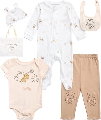 Disney Newborn Baby Girl Boy Clothes - 7 Piece Mickey Mouse Winnie the Pooh Bib Onesie Overall Beanie Pants Gift Bag Gift Set in Saudi Arabia