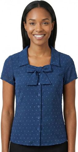 Tatyana Bonnie Bow Blouse, Navy Dotted Swiss, Cotton Blend, Button Front, Short Sleeves, 1950s Retro Style in Saudi Arabia