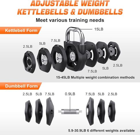 2-in-1 Adjustable Kettlebell, 15-45LB Kettlebells Weight Set for Strength Training, 5.9-30.9LB Adjustable Weights Dumbbell for Home Gym Full Body Workout in Saudi Arabia
