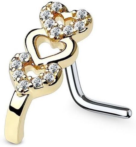 CZ Paved Triple Heart Nose Crawlers 316L Surgical Steel L Bend Nose Stud Rings in Saudi Arabia