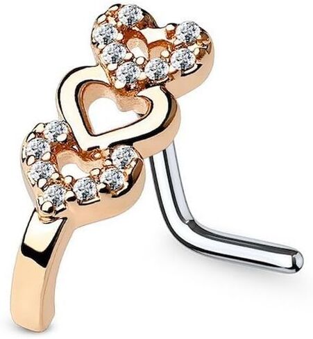 CZ Paved Triple Heart Nose Crawlers 316L Surgical Steel L Bend Nose Stud Rings in Saudi Arabia