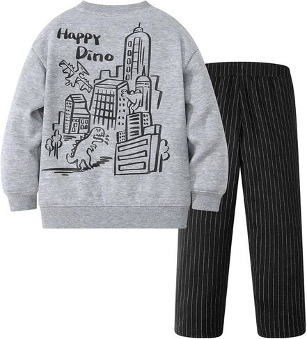 Little Bitty Boys Dinosaur Two Piece Cotton Set, Long Sleeve Cartoon Crew Neck Fleece Sweatshirt Striped Wide Pants 3-7 Years in Saudi Arabia