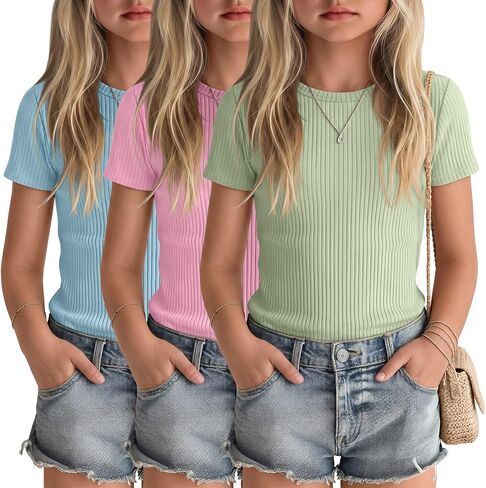 3 Pack Girls Short Sleeve Tops Ribbed Knit Crew Neck Shirts Basic Solid Tees Slim Fit Casual T-Shirt Size 5-14 in Saudi Arabia