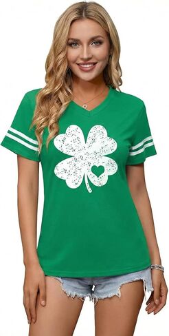 تي شيرت نسائي من St Patricks Mardi Gras برقبة على شكل حرف V تي شيرت شامروك كرنفال بأكمام قصيرة S-XXL in Kuwait