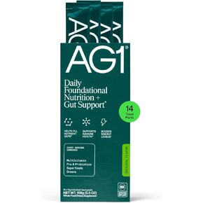 مكمل مسحوق الخضر الرياضية AG1، تحسين صحة الأمعاء، فيتامينات متعددة، بروبيوتيك، خالي من الغلوتين، نباتي وكيتو، 75 فيتامين (عبوة سفر، 14 قطعة) - تركيبة كلاسيكية in Kuwait