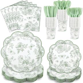 NatNarr 175 قطعة من أطباق ومناديل الأزهار الخضراء المريمية 25 ضيفًا على شكل صدفي من لوازم الحفلات الصينية تتضمن أطباق زهور ومناديل وأكواب وأدوات مائدة بلاستيكية لحفلات الزفاف، وحفلات الزفاف وحفلات استقبال المولود الجديد، وحفلات الشاي in Kuwait