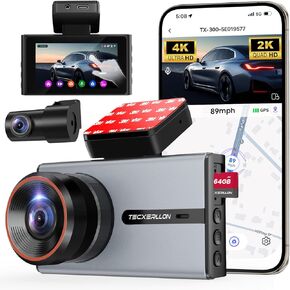 Tecxleron Dash Cam الأمامي والخلفي ، كاميرا اندفاعة مزدوجة 4K ، وكاميرا اندفاعة للسيارات مع Vision Night Vision ، و 160 درجة أمامية و 150 درجة زاوية خلفية ، GPS ، WDR ، G-SESOR ، وضع وقوف السيارات 24H ، بطاقة 64GB in Kuwait