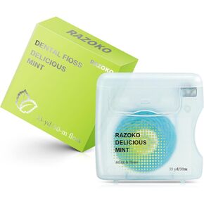 خيط تنظيف الأسنان المنسوج بزيت جوز الهند من RAZOKO، نباتي ولم يتم الإساءة إلى الحيوانات لتصنيعه، رائحة النعناع، ​​كمية تكفي 4 أشهر (33 ياردة × وحدتين) in Kuwait
