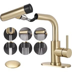 صنبور حمام أسود غير لامع مع بخاخ سحب للأسفل، 6 أوضاع للمياه، مقبض واحد، صنبور حوض حمام بفتحة واحدة أو 3 مع استنزاف منبثق لخزانة غسيل بار RV in Kuwait