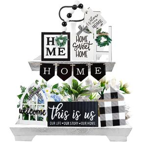 مجموعة ديكور صينية متدرجة لبيت المزرعة، ديكورات حامل صينية علامات خشبية بطبقتين، ديكور رف سطح الطاولة الريفي الحلو للمطبخ لتدفئة المنزل (12، روسيتك) in Kuwait