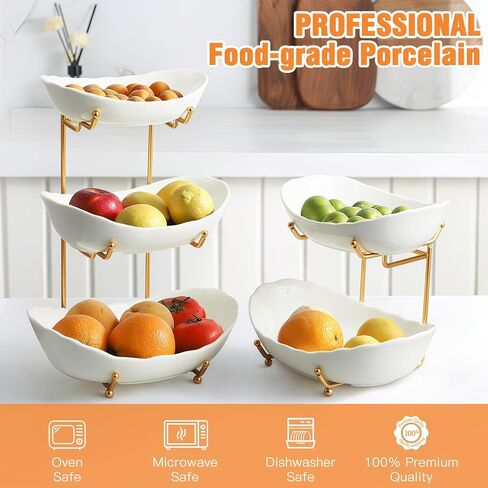 Ceramic Fruit Bowl for Kitchen Counter - 3 Tier Fruit Basket with Metal Stand, Tiered Fruit Stand for Countertop, Snack, Nuts, Cake, Dessert, Cute (Gold, Small) 1 in Kuwait