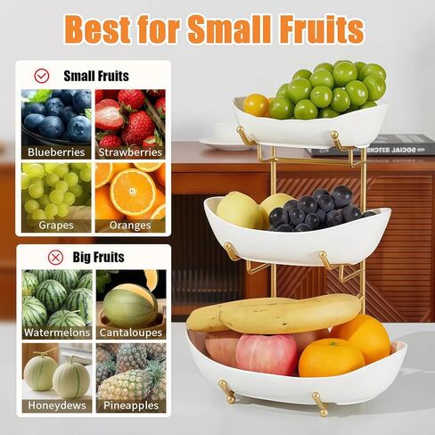 Ceramic Fruit Bowl for Kitchen Counter - 3 Tier Fruit Basket with Metal Stand, Tiered Fruit Stand for Countertop, Snack, Nuts, Cake, Dessert, Cute (Gold, Small) 1 in Kuwait