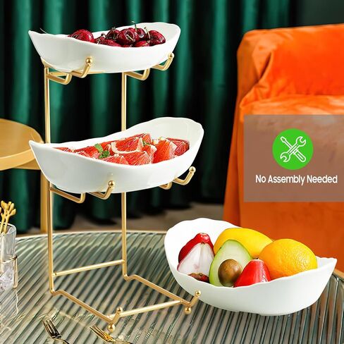 Ceramic Fruit Bowl for Kitchen Counter - 3 Tier Fruit Basket with Metal Stand, Tiered Fruit Stand for Countertop, Snack, Nuts, Cake, Dessert, Cute (Gold, Small) 1 in Kuwait