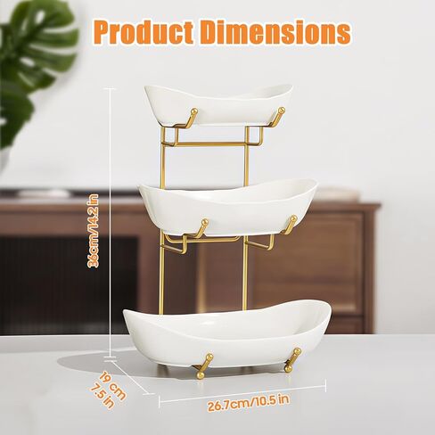 Ceramic Fruit Bowl for Kitchen Counter - 3 Tier Fruit Basket with Metal Stand, Tiered Fruit Stand for Countertop, Snack, Nuts, Cake, Dessert, Cute (Gold, Small) 1 in Kuwait
