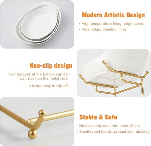 Ceramic Fruit Bowl for Kitchen Counter - 3 Tier Fruit Basket with Metal Stand, Tiered Fruit Stand for Countertop, Snack, Nuts, Cake, Dessert, Cute (Gold, Small) 1 in Kuwait