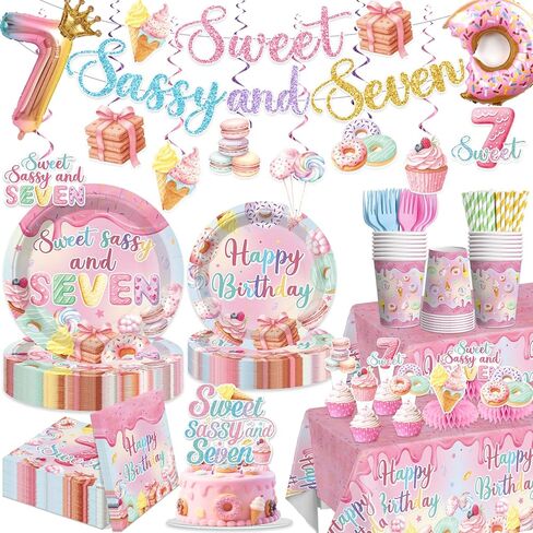 Xynic 188pcs 7th Birthday Decorations for Girls, Convenient Paper Tableware Set Includes Threaded Banner 300gsm Plates and Foil Balloons, for Sweet Sassy and 7 Birthday, Serves 25 in Saudi Arabia