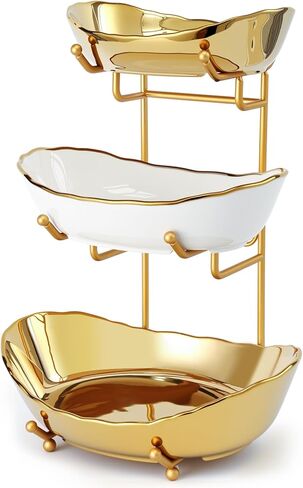 Ceramic Fruit Bowl for Kitchen Counter - 3 Tier Fruit Basket with Metal Stand, Tiered Fruit Stand for Countertop, Snack, Nuts, Cake, Dessert, Cute (Gold, Small) 1 in Kuwait