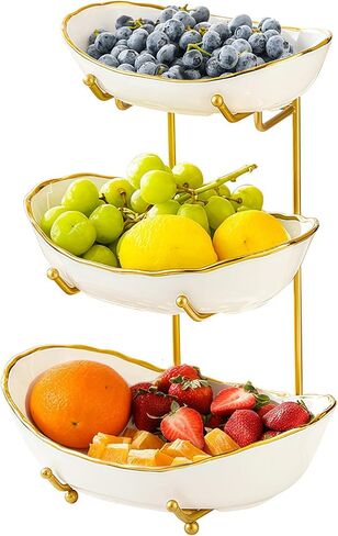 Ceramic Fruit Bowl for Kitchen Counter - 3 Tier Fruit Basket with Metal Stand, Tiered Fruit Stand for Countertop, Snack, Nuts, Cake, Dessert, Cute (Gold, Small) 1 in Kuwait
