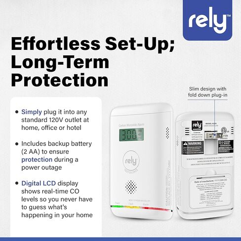 كاشف أول أكسيد الكربون من Rely Essentials 6200، منبه ثاني أكسيد الكربون مع بطارية احتياطية وشاشة رقمية، عبوة واحدة in Saudi Arabia
