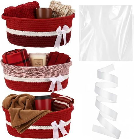 Colingmill 3 Pack Small Bow Woven Basket Empty with Handles Gift Bags and Ribbon 12" x 8" x 5" Gift Baskets to Fill Storage Box Pet Toy Wedding Presents Christmas Birthday(Brown) in Saudi Arabia