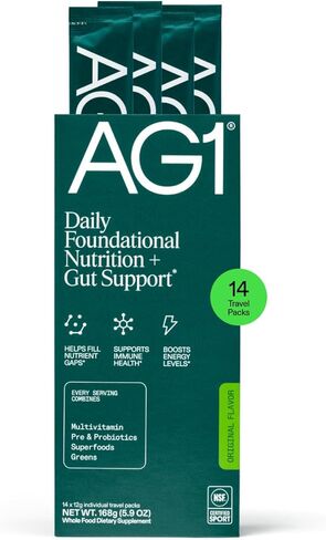 AG1 Athletic Greens Powder Supplement, Improve Gut Health, Multivitamin, Probiotic, Gluten Free, Vegan and Keto Friendly, 75 Vitamins (Travel Packs, 14 Count) - Classic Formula in Saudi Arabia