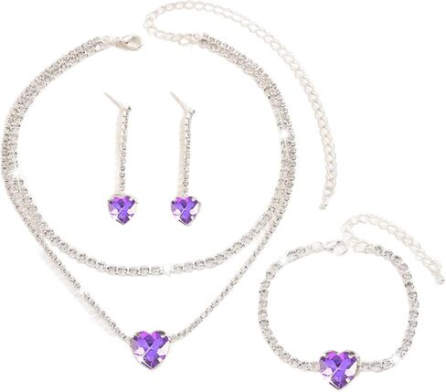 WCRAZYE Rhinestone Heart Jewelry Set, Silver Crystal Pendant Necklace, Earring, Bracelet for Women, Wedding, Bridal in Saudi Arabia