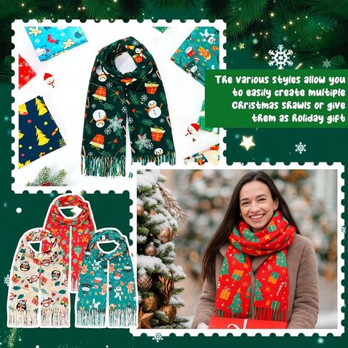 6 Pcs Christmas Scarf with Tassels Bulk for Women Xmas Warm Large Holiday Scarf Wrap Gift, 6 Style, 27 x 71 Inch in Saudi Arabia