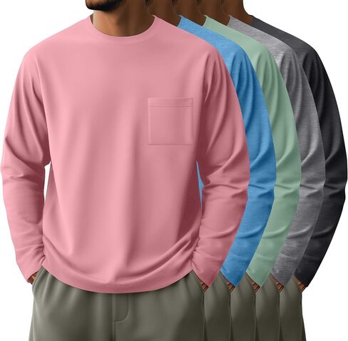 Neer 5 Pack Men's Big and Tall Long Sleeve Pocket T-Shirt Lightweight Crew Neck Shirts Slim Fit Top Casual Basic Tees in Saudi Arabia