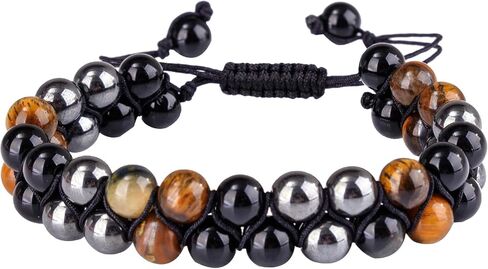 Handmade Triple Protection Bracelet,Bracelets for Men Women Natural Tiger Eye Jewelry Stone Hematite and Blue Stone Hematite 8mm Crystal Bracelet - Adjustable Size with Premium Gift-Box in Saudi Arabia