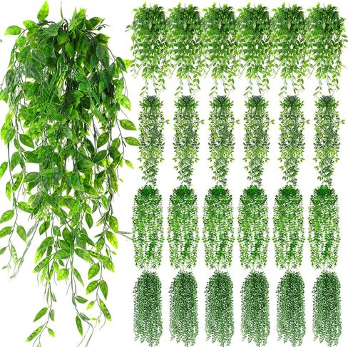 12 Pcs Artificial Hanging Plants Fake Hanging Ferns Plastic Faux Plants for Wall Room Garden Garland Indoor Outdoor Decor No Basket (Boston,Eucalyptus,Ivy Vine,String of Pearls) in Saudi Arabia