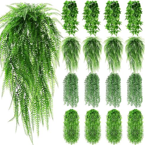 12 Pcs Artificial Hanging Plants Fake Hanging Ferns Plastic Faux Plants for Wall Room Garden Garland Indoor Outdoor Decor No Basket (Boston,Eucalyptus,Ivy Vine,String of Pearls) in Saudi Arabia
